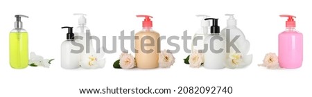 Set with different bottles of liquid soap on white background. Banner design