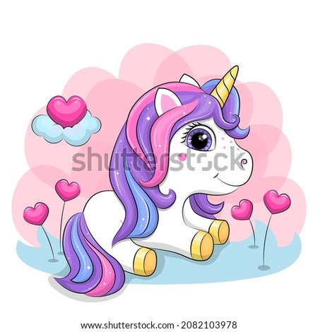 Cute cartoon unicorn with hearts. Vector illustration of an animal on a pink background.