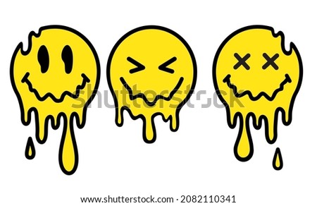 Funny melt smile faces set collection. Melted smile faces in trippy acid rave style isolated on white. Psychedelic quirky cartoon face. Urban graffiti style vector design element Royalty-Free Stock Photo #2082110341