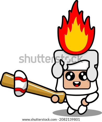 cartoon vector illustration of cute fiery white wax mascot costume character playing baseball