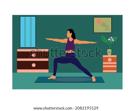 Vector yoga illustration. Exercise drawing with colorful background. Fitness clip art. Women stands in a warrior 2 pose. Girl doing Workout in here house.