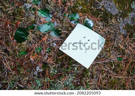 sticker with a sad smile on a stone overgrown with moss and strewn with glass shards, nature pollution concept, garbage collection while relaxing in the forest