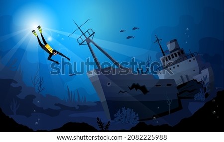 Scuba diver under dark blue water explore sunken ship, wreck boat on sea, ocean bottom with coral reef, fishes in background, sun or moon beams light through cover of water. Vector illustration