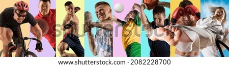 Sport collage. Attack. Bowling, volleyball, mma, rugby, karate and basketball players. Concept of sport, movement, energy, dynamic, healthy lifestyle