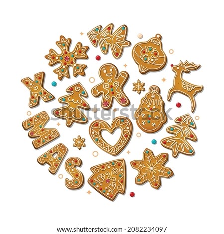 Christmas gingerbread cookies in cartoon style isolated on white background. Sweet sugar biscuits in circle composition. Festive shaped crackers. Vector illustration Royalty-Free Stock Photo #2082234097