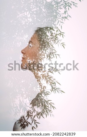 Multi exposure photos of a girl and a willow tree.