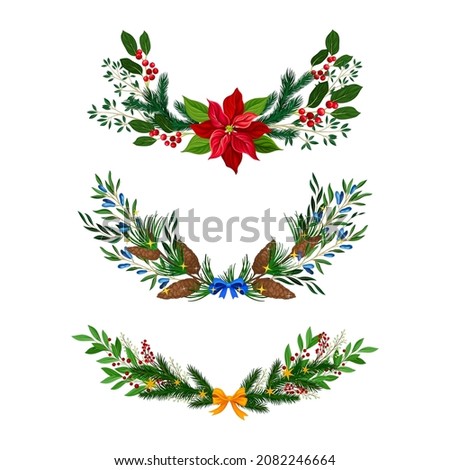 Evergreen Fir Tree Branches and Berry Twigs Semicircular Vector Composition Set