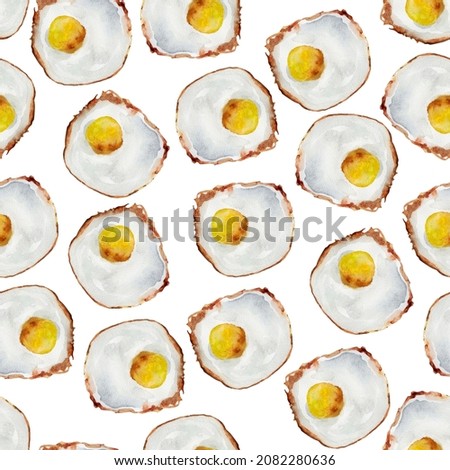Fried egg watercolor seamless pattern. Template for decorating designs and illustrations.