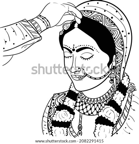 INDIAN WEDDING SYMBOL TILAK OF WOMEN BY MEN SINDUR LINE ART DRAWING ILLUSTRATION BLACK AND WHITE CLIP ART INDIAN GIRL WEDDING FUNCTION
