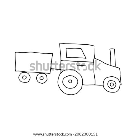Beautiful hand drawn black vector illustration of toy tractor with a trailer isolated on a white background for coloring book for children