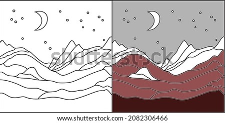 Vector illustration of a mountain landscape. High mountains. Silhouette icon logo pictogram of hills. America, Everest, Elbrus, Swiss alps. A moonlit night in the mountains. Mountain hiking