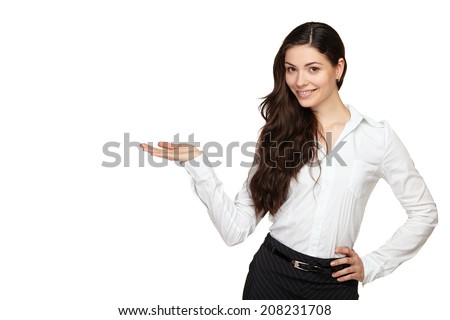 Smiling woman showing open hand palm with copy space for product or text