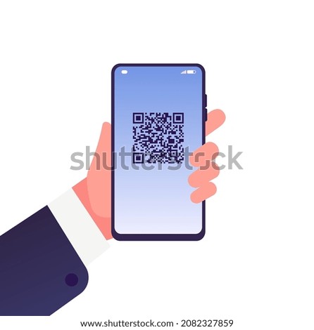 QR code on screen. Hand hold smartphone with personal id barcode. Flat mobile phone, online identification vector concept