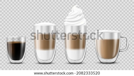 Coffee cup set, isolated on transparant background. Double walled glass mug with hot drink, americano, Cappuccino, espresso, latte, milk brown coffee, vector realistic 3d illustration, mock up. Royalty-Free Stock Photo #2082333520