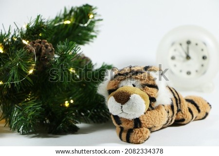 Tiger as a symbol of 2022, Christmas and New Year. Festive decorations for the new year and christmas. Christmas festive decor with a tiger on a black background.