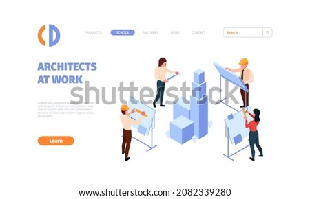 Architects landing. Engineers and designers working 3d real estate template garish vector web page with isometric pictures