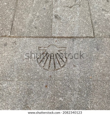 Camino shell motif on stone sidewalk, Guimarães, Portugal. 
