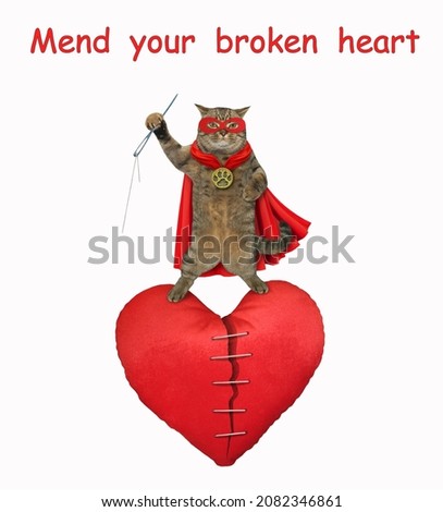 A beige cat hero in a red cloak and a mask mend broken heart. White background. Isolated.
