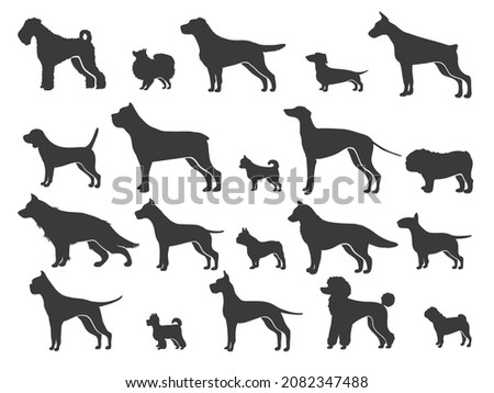 Pointer dog silhouette. Black dogs sizes and breeds, animals silhouettes, canine companion, small puppy size, retriever labrador shepherd dachshund pug, set isolated vector icon. Silhouette of dogs