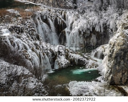 Beautiful snow covered Plitvice lakes