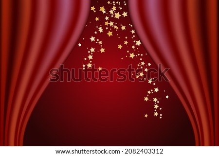 Red curtain and gold stars on a red background. Illustration. Celebratory fireworks.