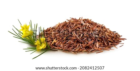 Realistic 3d vector illustration of dry rooibos tea. Pile of tea isolated on white. Rooibos branch in blossom. Herbal roibos tea. Red bush caffeine free Aspalathus heap of herbal infusions growth Royalty-Free Stock Photo #2082412507