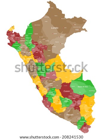A large and detailed map of Peru with all counties, regions and main cities. Royalty-Free Stock Photo #208241530