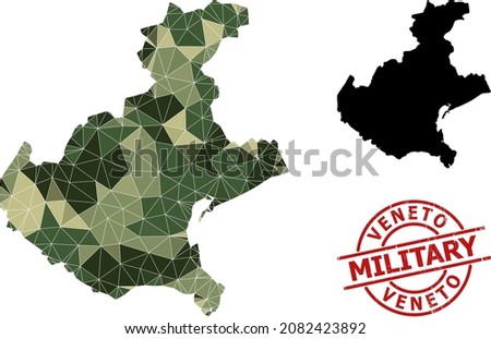 Low-Poly mosaic map of Veneto region, and rubber military stamp imitation. Low-poly map of Veneto region is designed from random camo colored triangles.