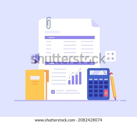 Financial statement, preparation of reports. Concept of financial report, digital accounting, audit and financial research, accounting report. Vector illustration in flat design Royalty-Free Stock Photo #2082428074