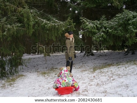 A young mother is rolling her child on a sled in the forest.