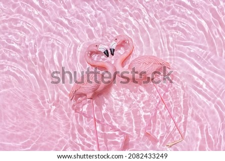 Trendy summer composition with two pink flamingos forming a heart in water pink background. Valentine's day concept
