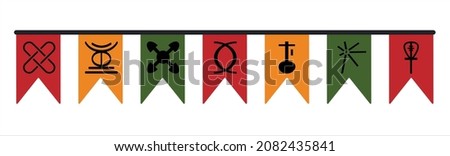 Cute festive flags bunting with seven principles of Kwanzaa symbols icons for Kwanzaa festival - traditional African American ethnic holiday. Vector clip art design element decoration isolated.