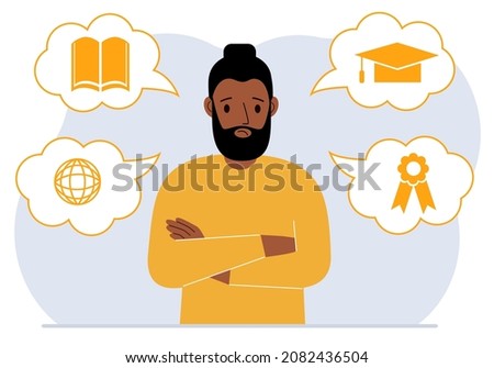 Sad man with thoughts about learning. Internet profession, higher education, stock exchange, financial literacy. Various icons about education. Vector flat illustration