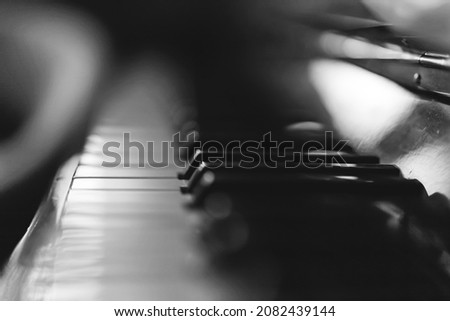 Close-up view of royal grand piano keys. Black and white. Royalty-Free Stock Photo #2082439144