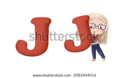 Cute little girl with letter "J" on white background. Learn alphabet clip art collection on white background
