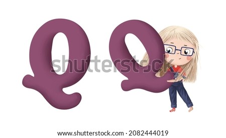Cute little girl with letter "Q" on white background. Learn alphabet clip art collection on white background