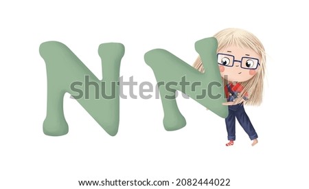 Cute little girl with letter "N" on white background. Learn alphabet clip art collection on white background