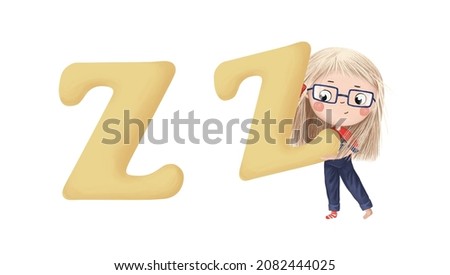 Cute little girl with letter "Z" on white background. Learn alphabet clip art collection on white background