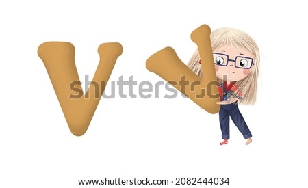 Cute little girl with letter "V" on white background. Learn alphabet clip art collection on white background