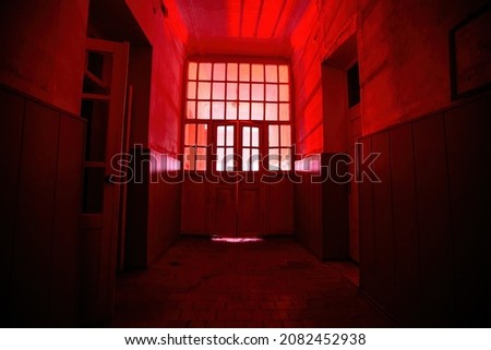 Dark and creepy corridor of old abandoned mental hospital at night. Royalty-Free Stock Photo #2082452938