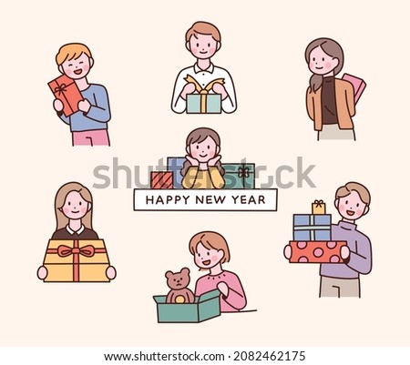 Cute face people characters holding gift boxes. flat design style vector illustration.	

