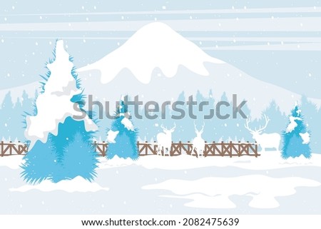 Merry Christmas. Beautiful winter scenery. A group of deer silhouettes against a backdrop of icy mountains and snowy trees illustration

