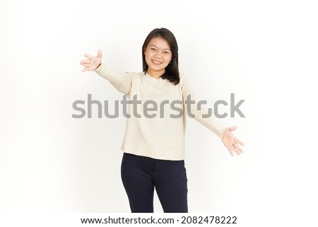 Give a Hug of Beautiful Asian Woman Isolated On White Background