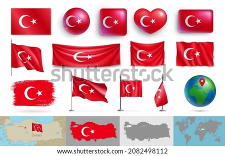 Turkey flags of various shapes and geographic map set. Realistic Turkish flags, glossy buttons in patriotic colors, highly detailed map and globe with identification pin vector illustration Royalty-Free Stock Photo #2082498112