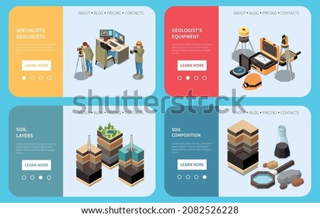 Geology earth exploration isometric banner set specialists geologists soil layers and composition and geologist equipment headlines vector illustration
