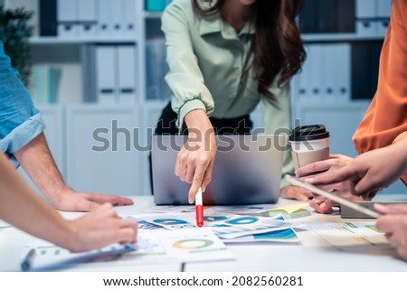 Close up hands of businessman and woman people group meeting in office. Employee brainstorm and work as team, plan and discuss project by point on paper. Corporate of modern colleagues or coworkers. Royalty-Free Stock Photo #2082560281