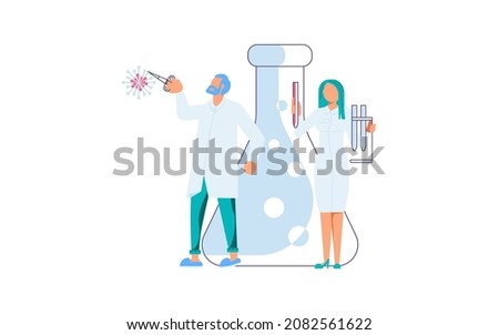 Vaccine complete development concept. Scientist people develop and test new corona virus covid19 vaccine, holding medical equipment in science laboratory. Flat Art Vector Illustration