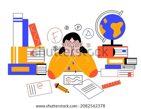 Teens problems. Unhappy student at lessons. Information excessive amount. Stressed girl with books piles and notes. Child doing homework. Poor school grades. Kids troubles. Vector concept Royalty-Free Stock Photo #2082562378