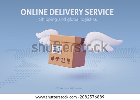 Brown parcel cardboard box fly over the world map, online delivery service or shipping and global logistic concept, quick and fast cargo shipment. Vector EPS10.