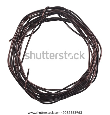 Motion copper wire isolated on white background. .View from above.  Detail for design. Design elements. Macro. Full focus. Background for business cards, postcards and posters.